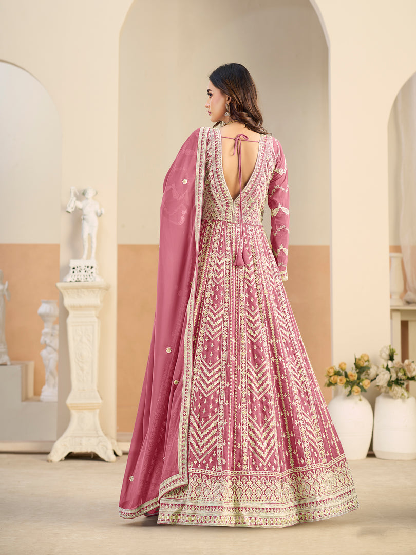 Lovely Pink Color Embroidered Work Faux Georgette Anarkali Suit