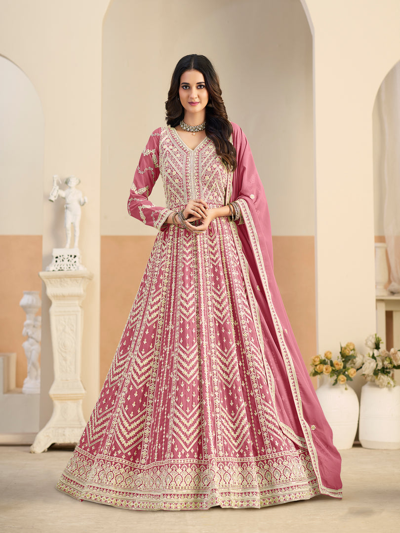 Lovely Pink Color Embroidered Work Faux Georgette Anarkali Suit