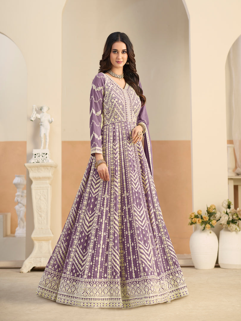 Awesome Lavender Color Faux Georgette Anarkali Salwar Suit with Embroidered Work