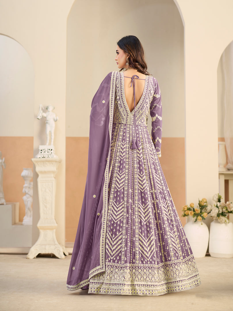 Awesome Lavender Color Faux Georgette Anarkali Salwar Suit with Embroidered Work