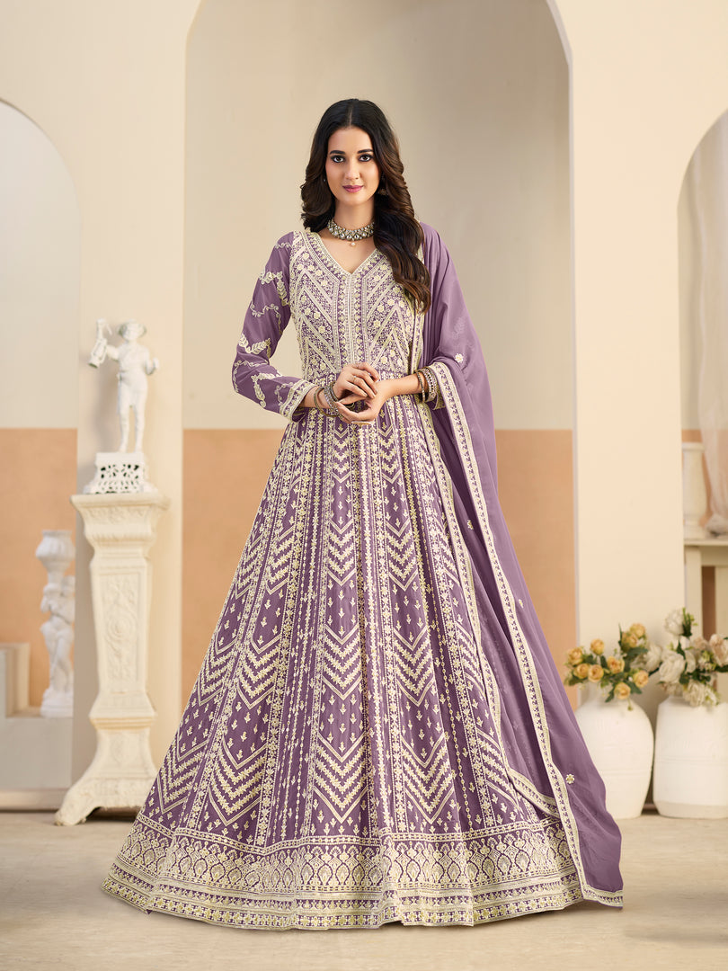 Awesome Lavender Color Faux Georgette Anarkali Salwar Suit with Embroidered Work