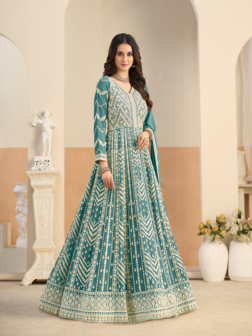 Divine Sea Green Color Faux Georgette Embroidered Work Anarkali Suit