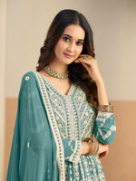 Load image into Gallery viewer, Divine Sea Green Color Faux Georgette Embroidered Work Anarkali Suit