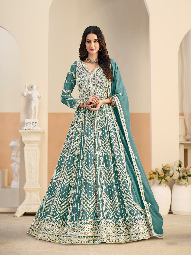 Divine Sea Green Color Faux Georgette Embroidered Work Anarkali Suit