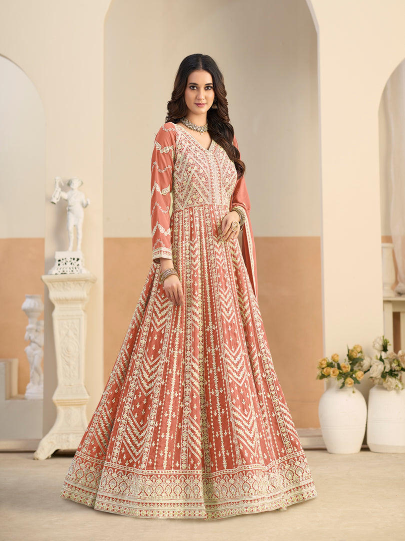 Lovely Peach Color Faux Georgette Embroidered Work Anarkali Salwar Suit