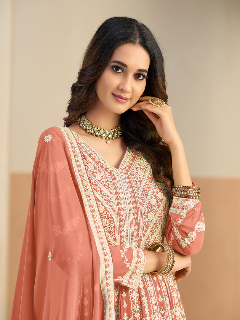 Lovely Peach Color Faux Georgette Embroidered Work Anarkali Salwar Suit
