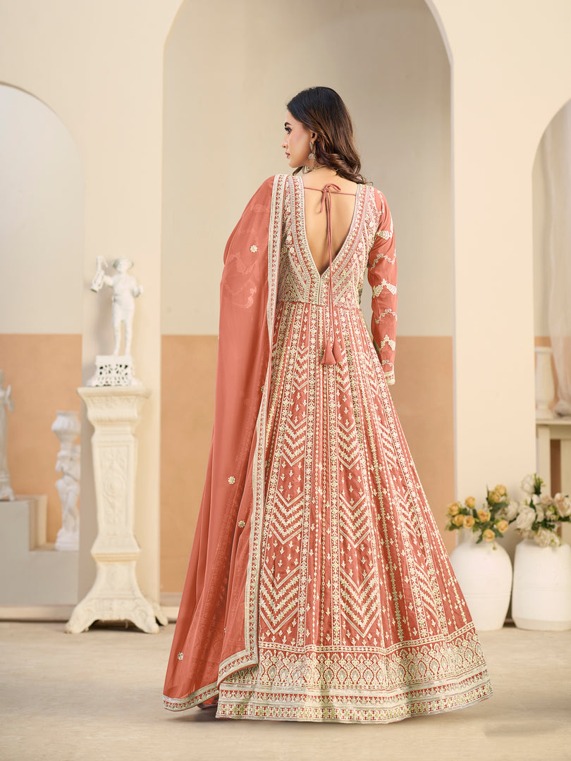 Lovely Peach Color Faux Georgette Embroidered Work Anarkali Salwar Suit