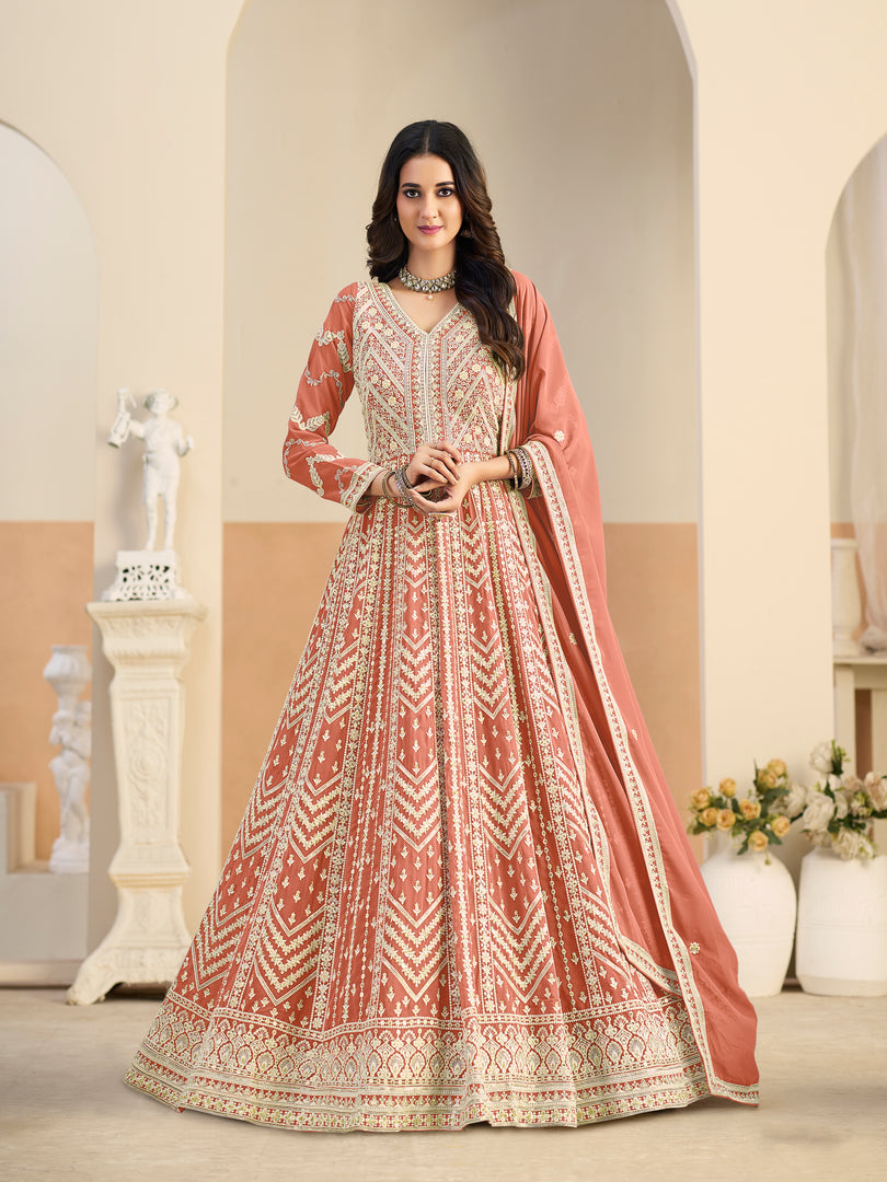 Lovely Peach Color Faux Georgette Embroidered Work Anarkali Salwar Suit