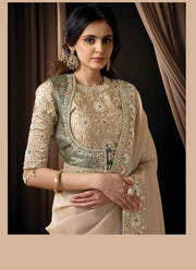 Attractive Beige Color Organza Embroidered, Sequins and Stone Work Classical Saree