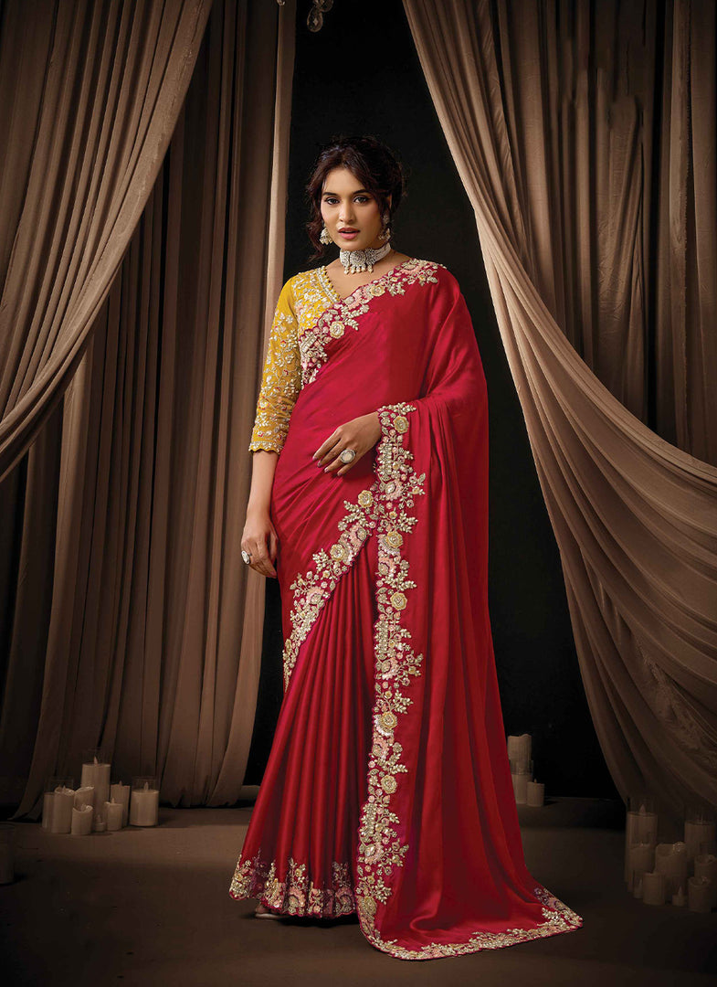 Divine Red Color New Designer Satin Party Wear Saree
