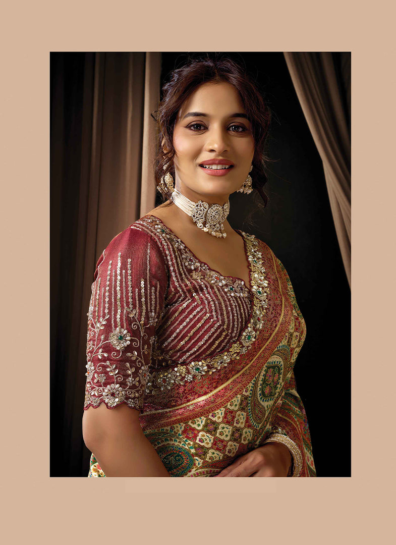 Maroon With Multi Color Jacquard Silk New Trendy Saree With Sequins And Pearl Work