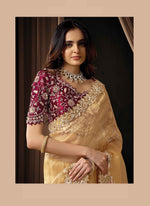 Load image into Gallery viewer, Gold Color Organza Embroidered, Pearls and Sequins Work Trendy Saree