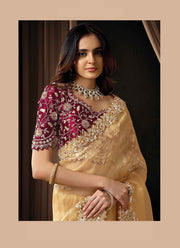 Gold Color Organza Embroidered, Pearls and Sequins Work Trendy Saree
