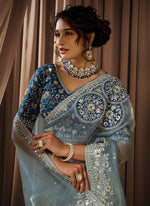 Load image into Gallery viewer, Ice Grey Color Organza New Designer Party Wear Traditional Saree