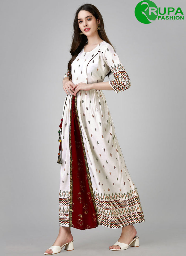 Lovely White Color Readymade Rayon Cotton With Designer Printed Long Kurti