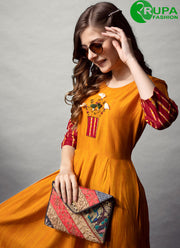 Eye Catchy Mustard Color Readymade Rayon Cotton With Designer Printed Long Kurti
