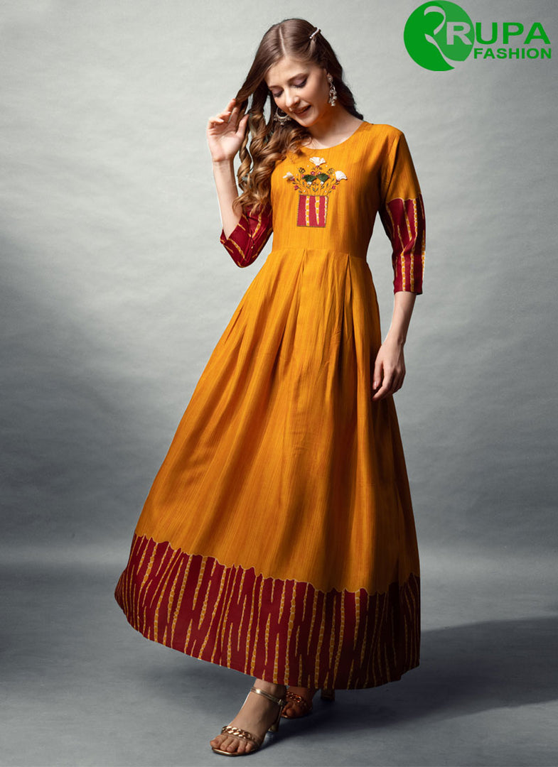 Eye Catchy Mustard Color Readymade Rayon Cotton With Designer Printed Long Kurti