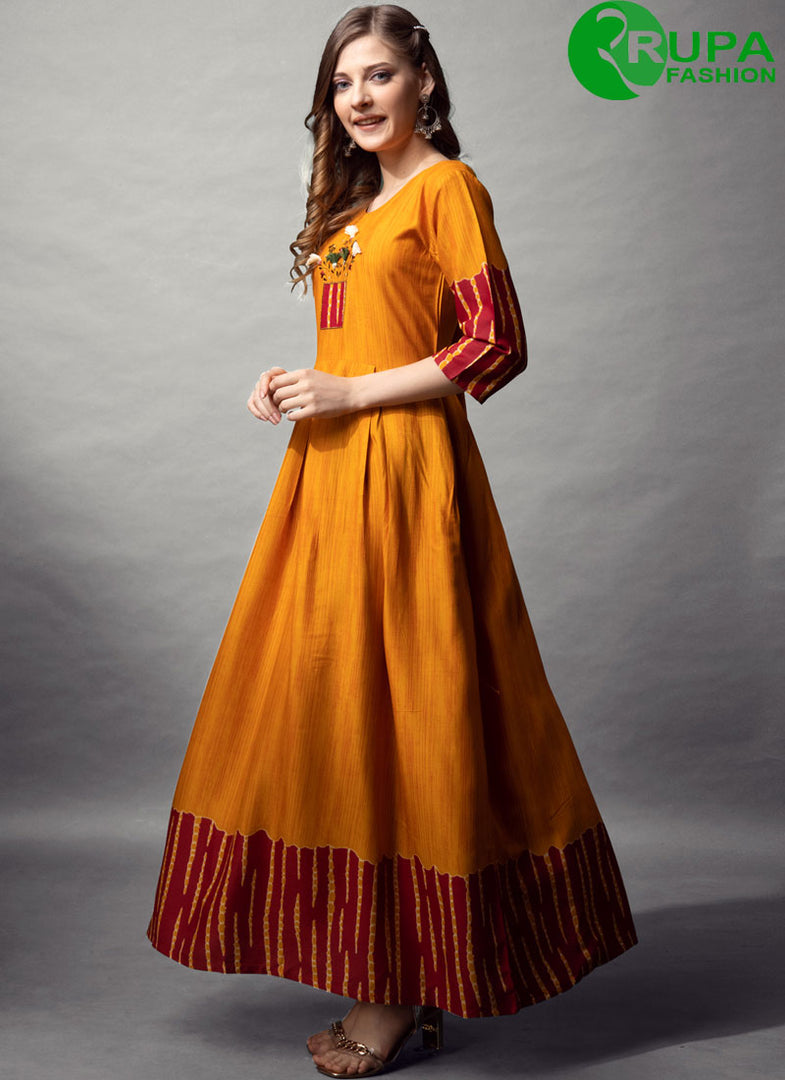 Eye Catchy Mustard Color Readymade Rayon Cotton With Designer Printed Long Kurti