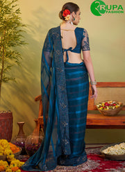 New Designer Teal Blue Satin with Embroidered Work Classic Saree