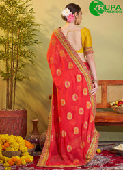 Magnificent Orange Color Viscose Embroidered Work Classic Saree