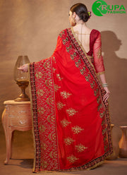 Wonderful Red Color Vichitra Silk Contemporary with Embroidered Work Saree