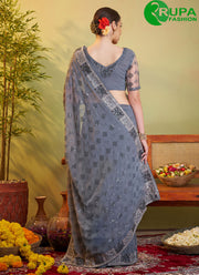 Outsanding Grey Color Embroidered Work Georgette Trendy Saree