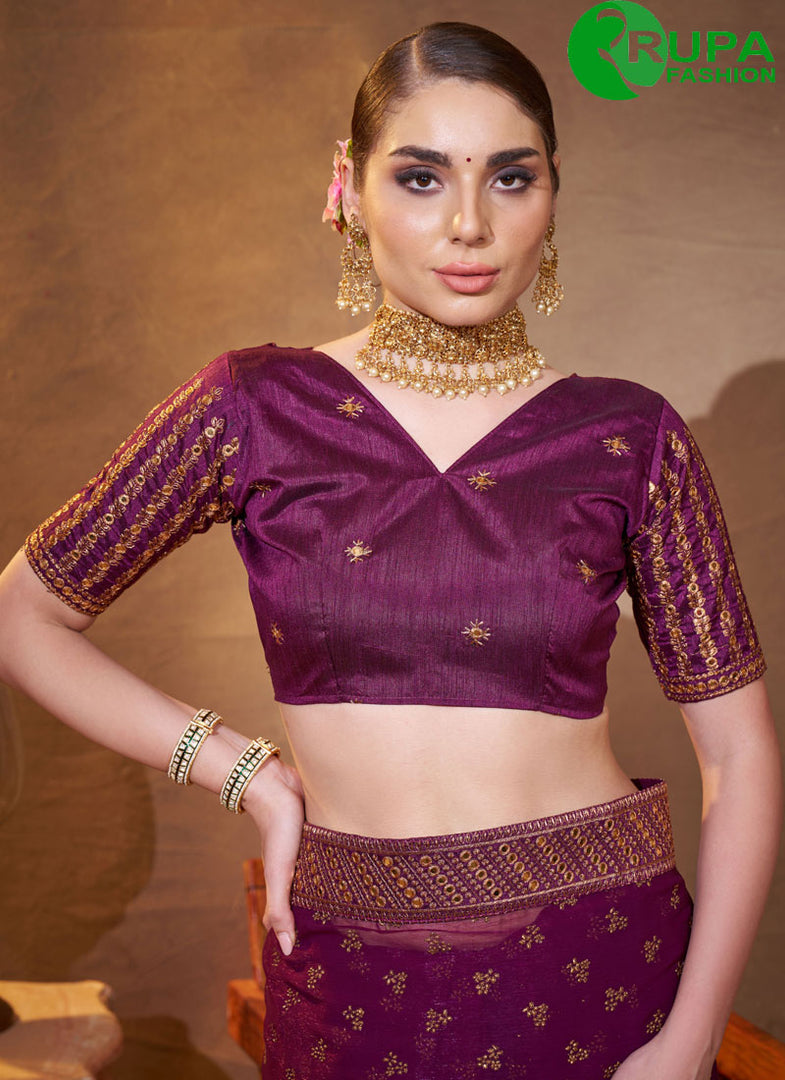Beautiful Wine Color Embroidered Work Chiffon Contemporary Saree