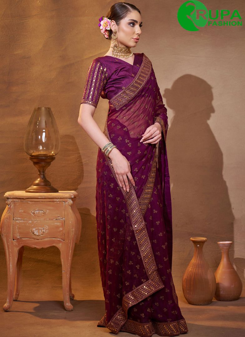 Beautiful Wine Color Embroidered Work Chiffon Contemporary Saree
