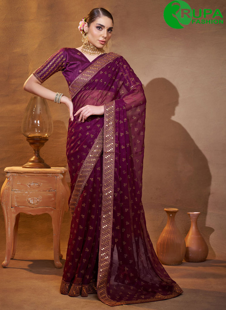 Beautiful Wine Color Embroidered Work Chiffon Contemporary Saree