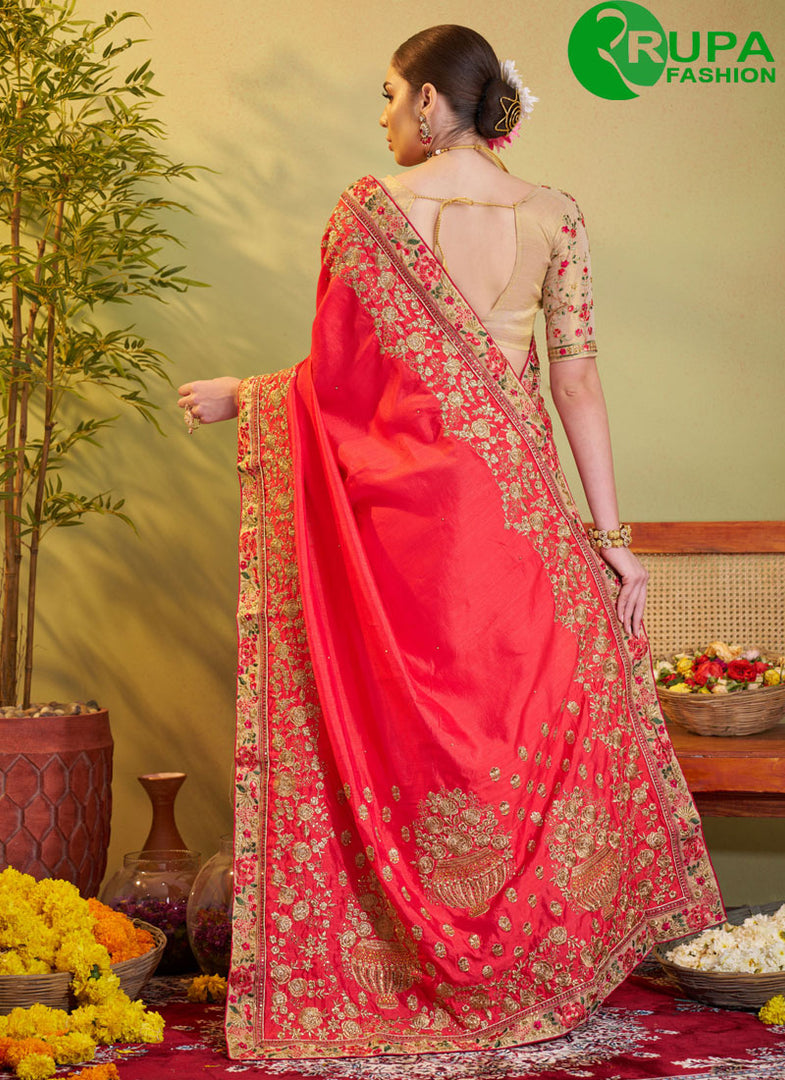 New Designer Rust Color Embroidered Work Satin Silk Classic Saree