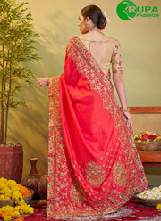 New Designer Rust Color Embroidered Work Satin Silk Classic Saree
