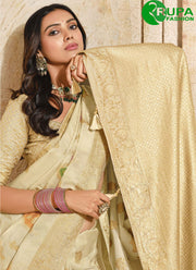 Outsanding Cream Color Silk with Fancy, Weaving and Zari Work for Ceremonial Traditional Saree