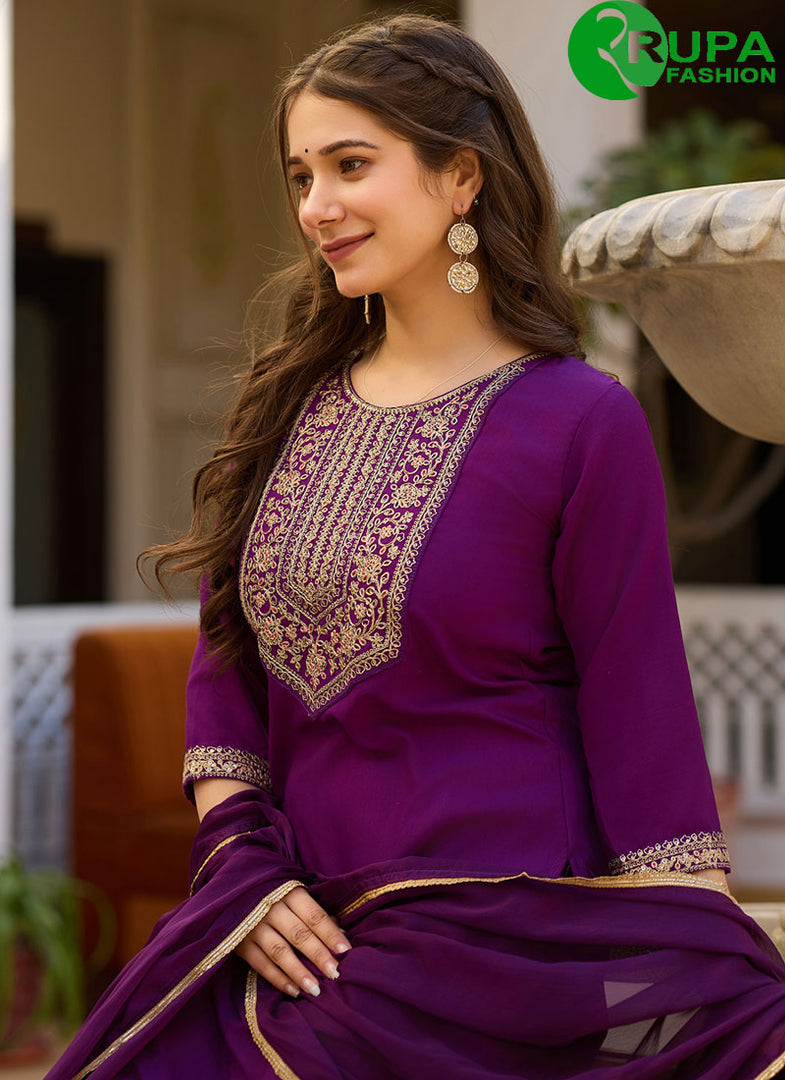 Outstanding Purple Color Rayon Embroidered and Zari Work Readymade Salwar Suit