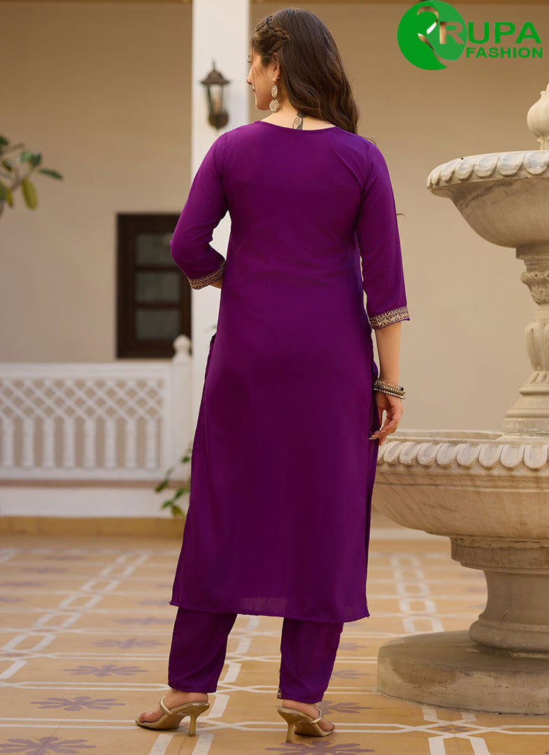 Outstanding Purple Color Rayon Embroidered and Zari Work Readymade Salwar Suit