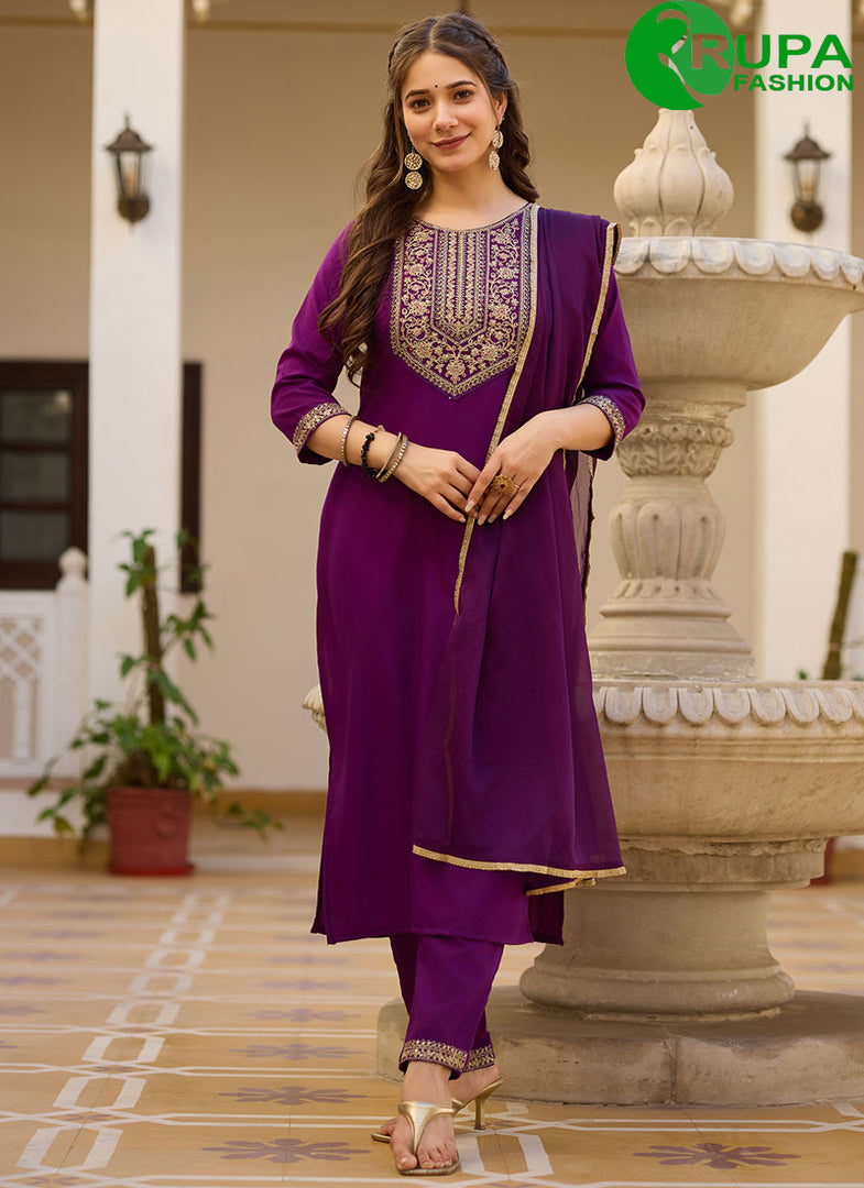 Outstanding Purple Color Rayon Embroidered and Zari Work Readymade Salwar Suit