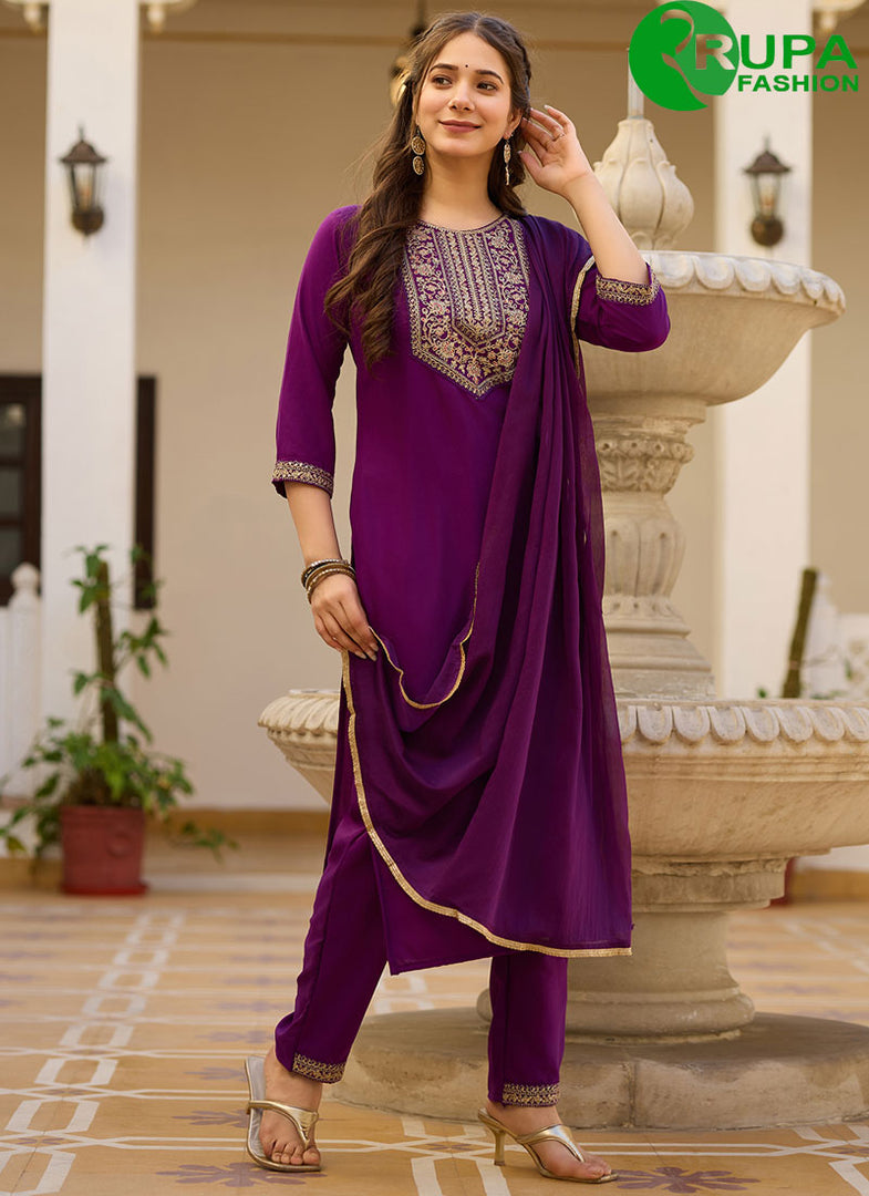 Outstanding Purple Color Rayon Embroidered and Zari Work Readymade Salwar Suit
