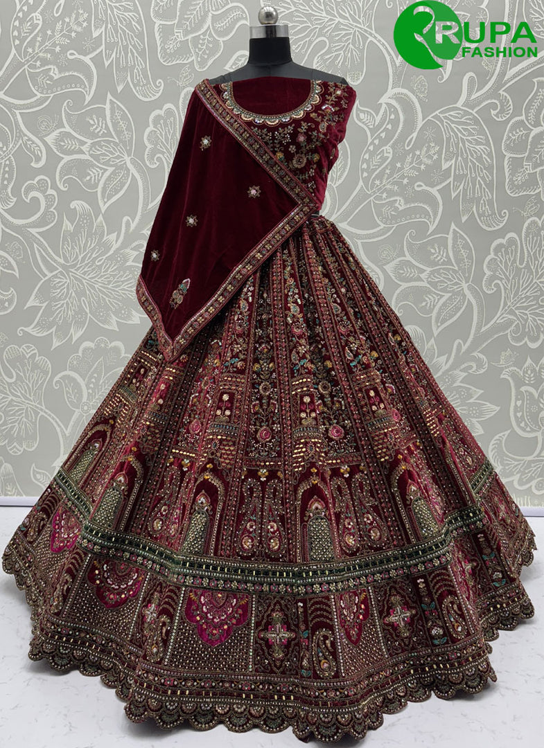 Beautiful Maroon Color Velvet New Designer Hand Work Bridal Wear A Line Lehenga Choli