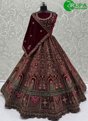 Beautiful Maroon Color Velvet New Designer Hand Work Bridal Wear A Line Lehenga Choli