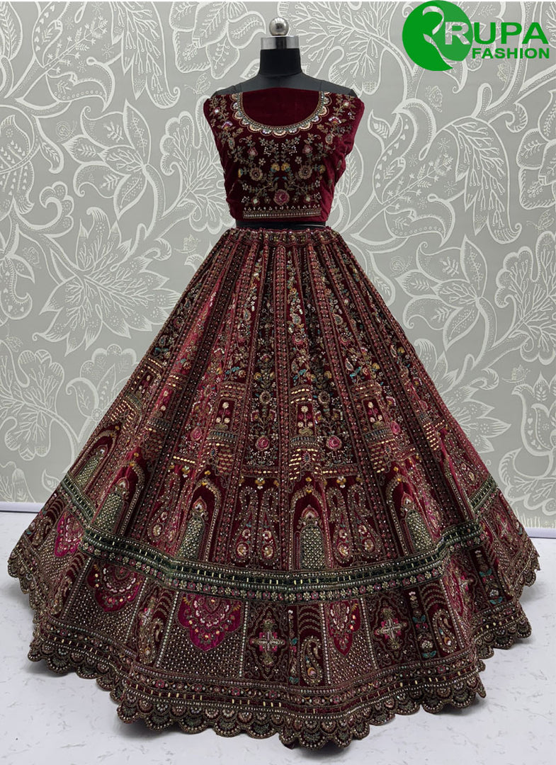Beautiful Maroon Color Velvet New Designer Hand Work Bridal Wear A Line Lehenga Choli