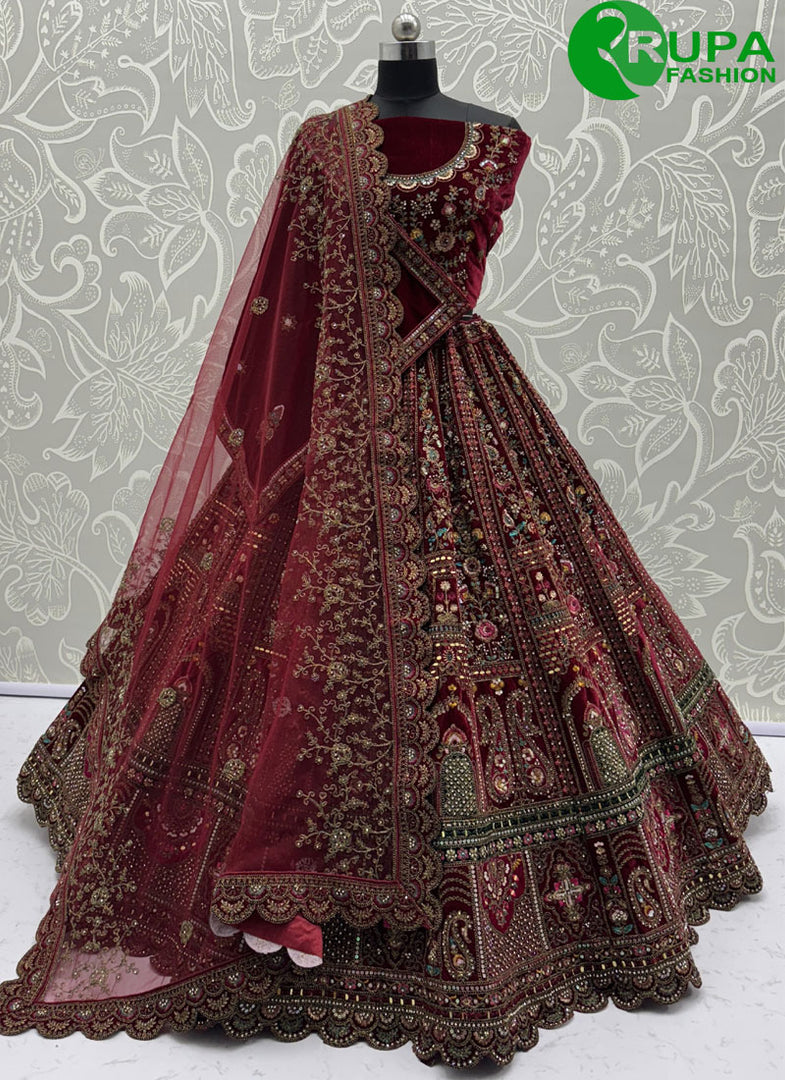 Beautiful Maroon Color Velvet New Designer Hand Work Bridal Wear A Line Lehenga Choli