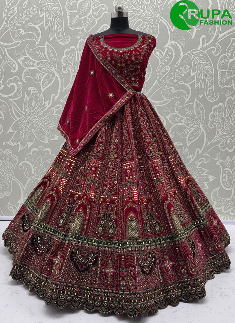 Diamond, Dori, Embroidered, Fancy, Hand, Mirror, Sequins and Zari Work Velvet A - Line Lehenga Choli In Pink and Rani for Bridal