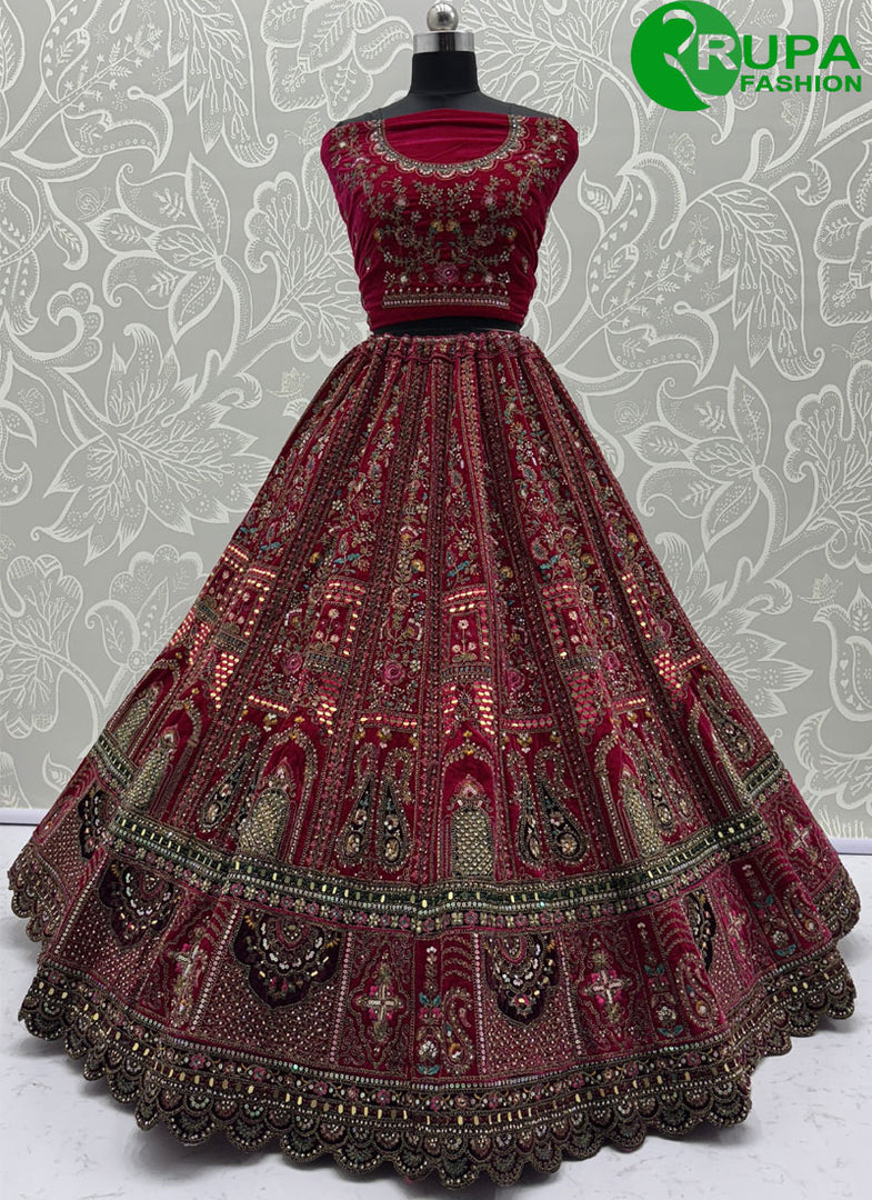 Diamond, Dori, Embroidered, Fancy, Hand, Mirror, Sequins and Zari Work Velvet A - Line Lehenga Choli In Pink and Rani for Bridal