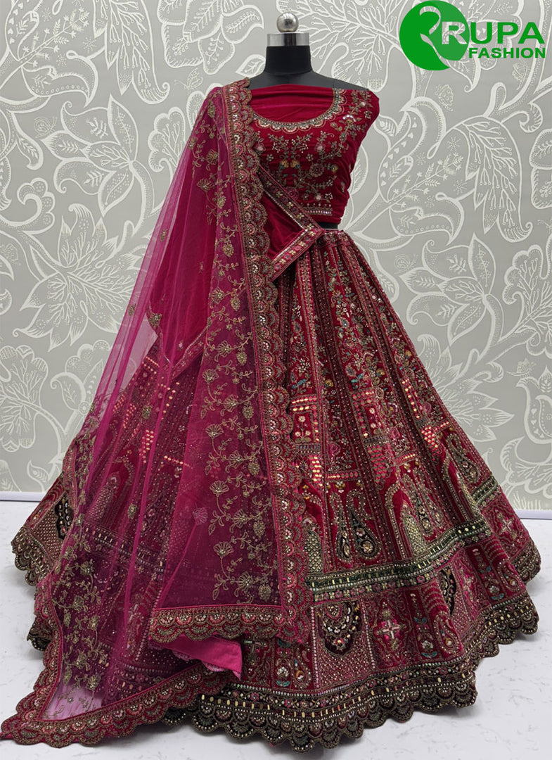 Diamond, Dori, Embroidered, Fancy, Hand, Mirror, Sequins and Zari Work Velvet A - Line Lehenga Choli In Pink and Rani for Bridal