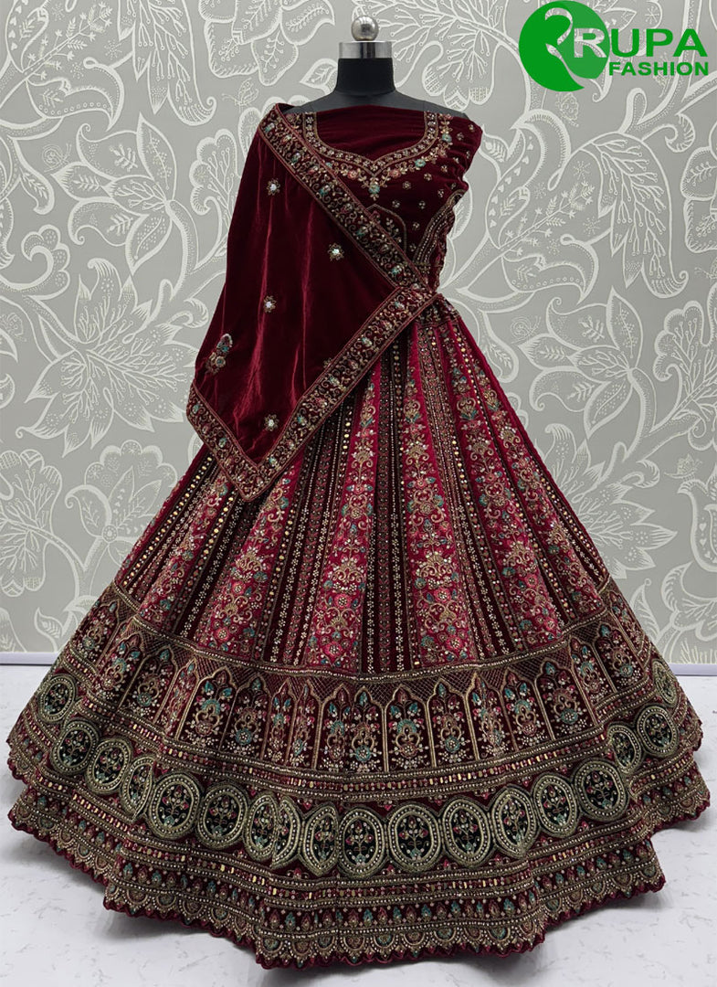 Divine Maroon Color Velvet Hand Work Designer Wedding Wear A Line Lehenga Choli