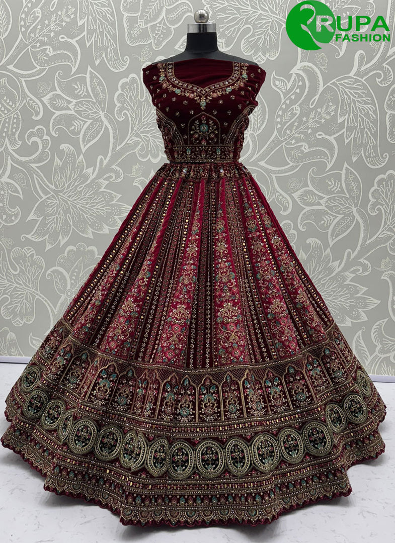 Divine Maroon Color Velvet Hand Work Designer Wedding Wear A Line Lehenga Choli