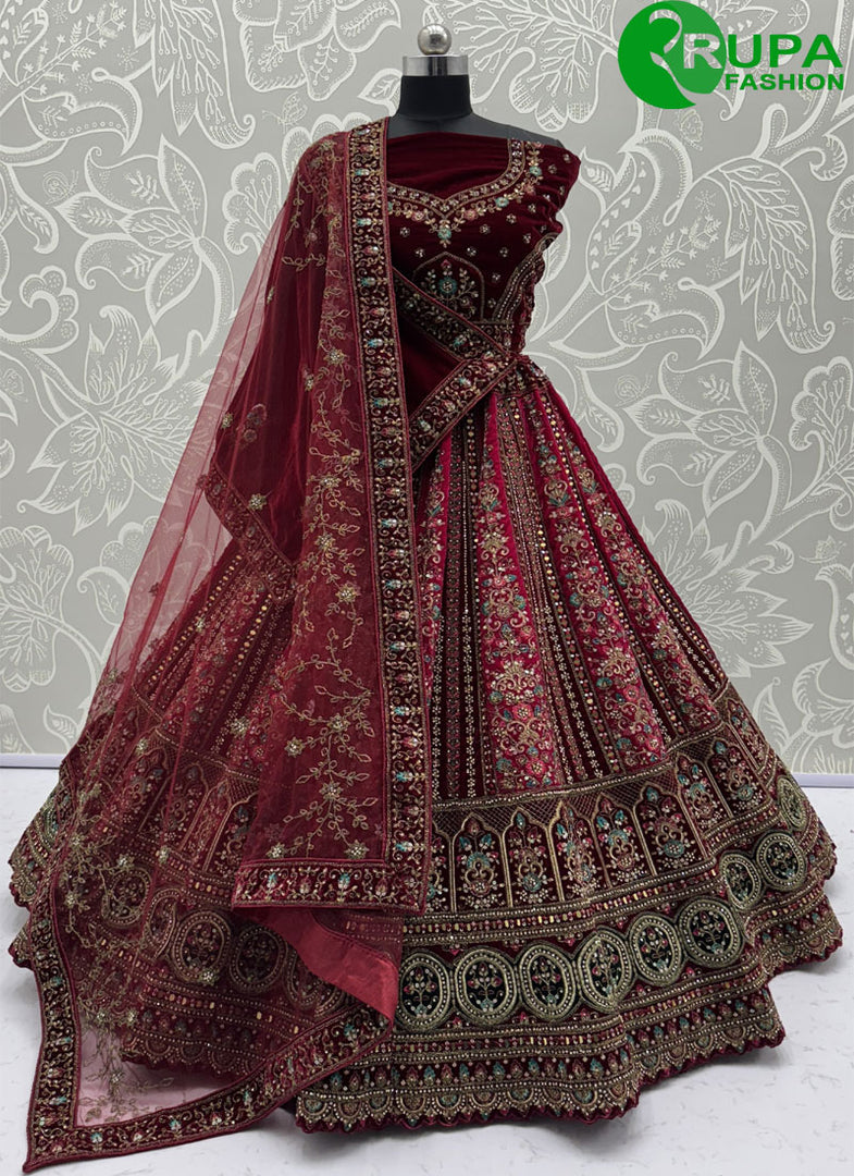 Divine Maroon Color Velvet Hand Work Designer Wedding Wear A Line Lehenga Choli