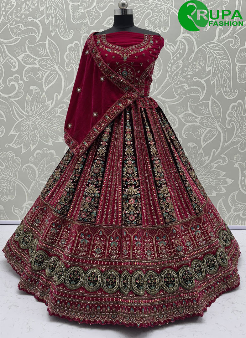 Rani Color Diamond, Dori, Embroidered, Fancy, Hand, Mirror, Sequins and Zari Work Velvet A - Line Lehenga Choli