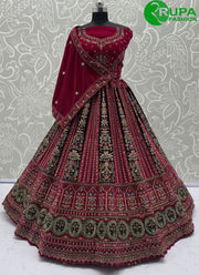 Rani Color Diamond, Dori, Embroidered, Fancy, Hand, Mirror, Sequins and Zari Work Velvet A - Line Lehenga Choli