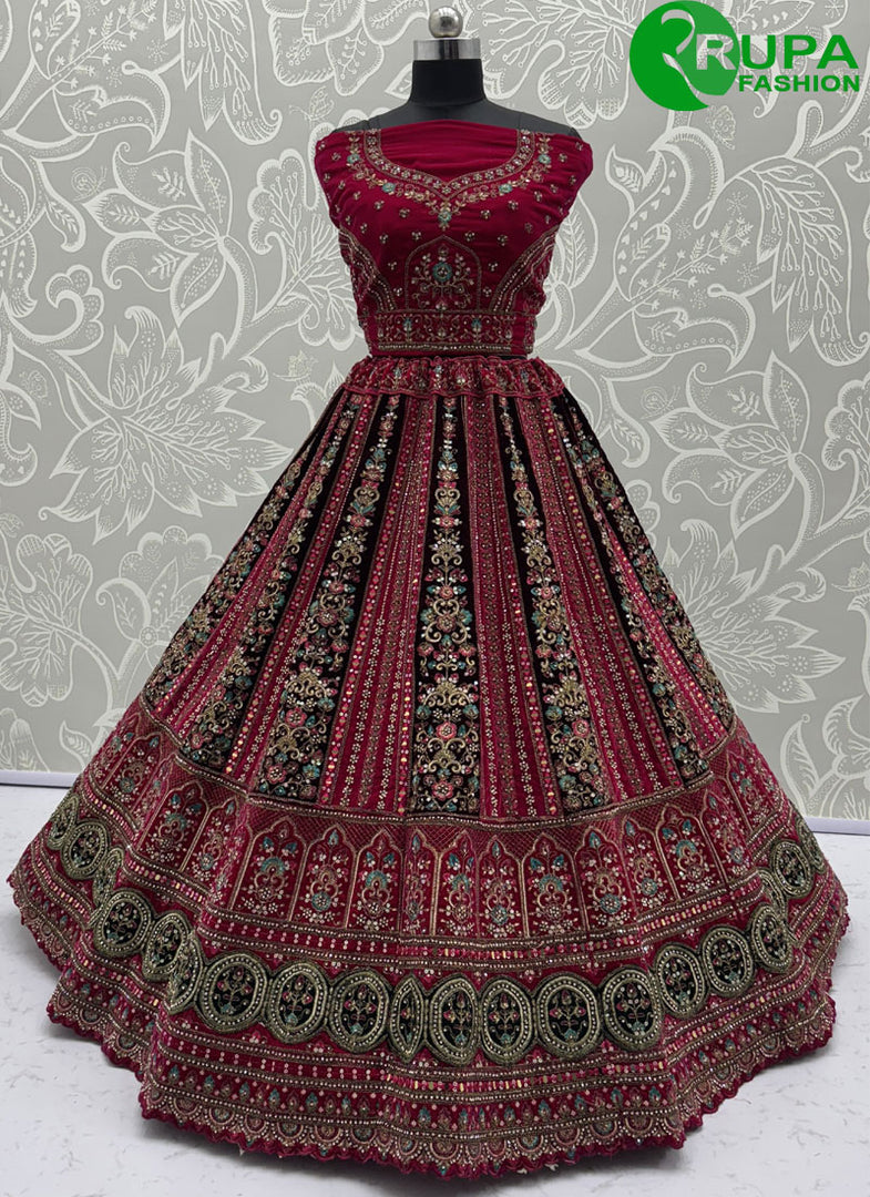 Rani Color Diamond, Dori, Embroidered, Fancy, Hand, Mirror, Sequins and Zari Work Velvet A - Line Lehenga Choli
