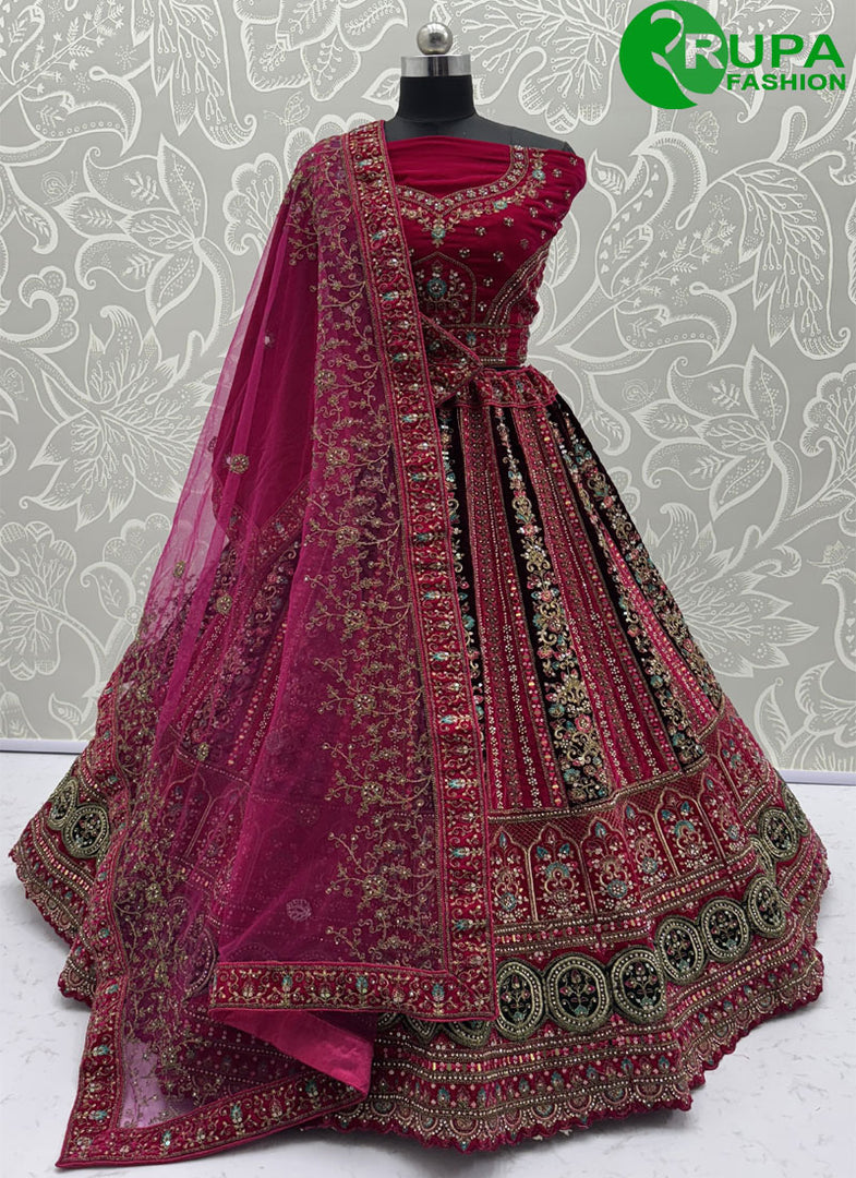 Rani Color Diamond, Dori, Embroidered, Fancy, Hand, Mirror, Sequins and Zari Work Velvet A - Line Lehenga Choli